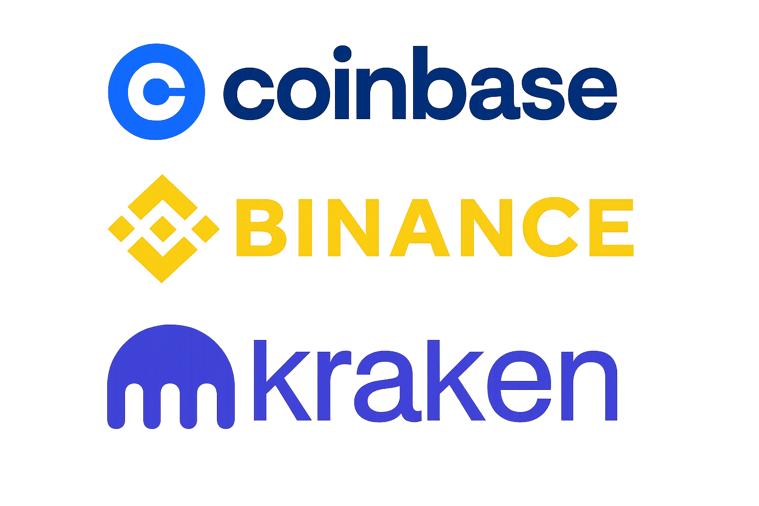 Coinbase Binance Kraken exchange logos 2025