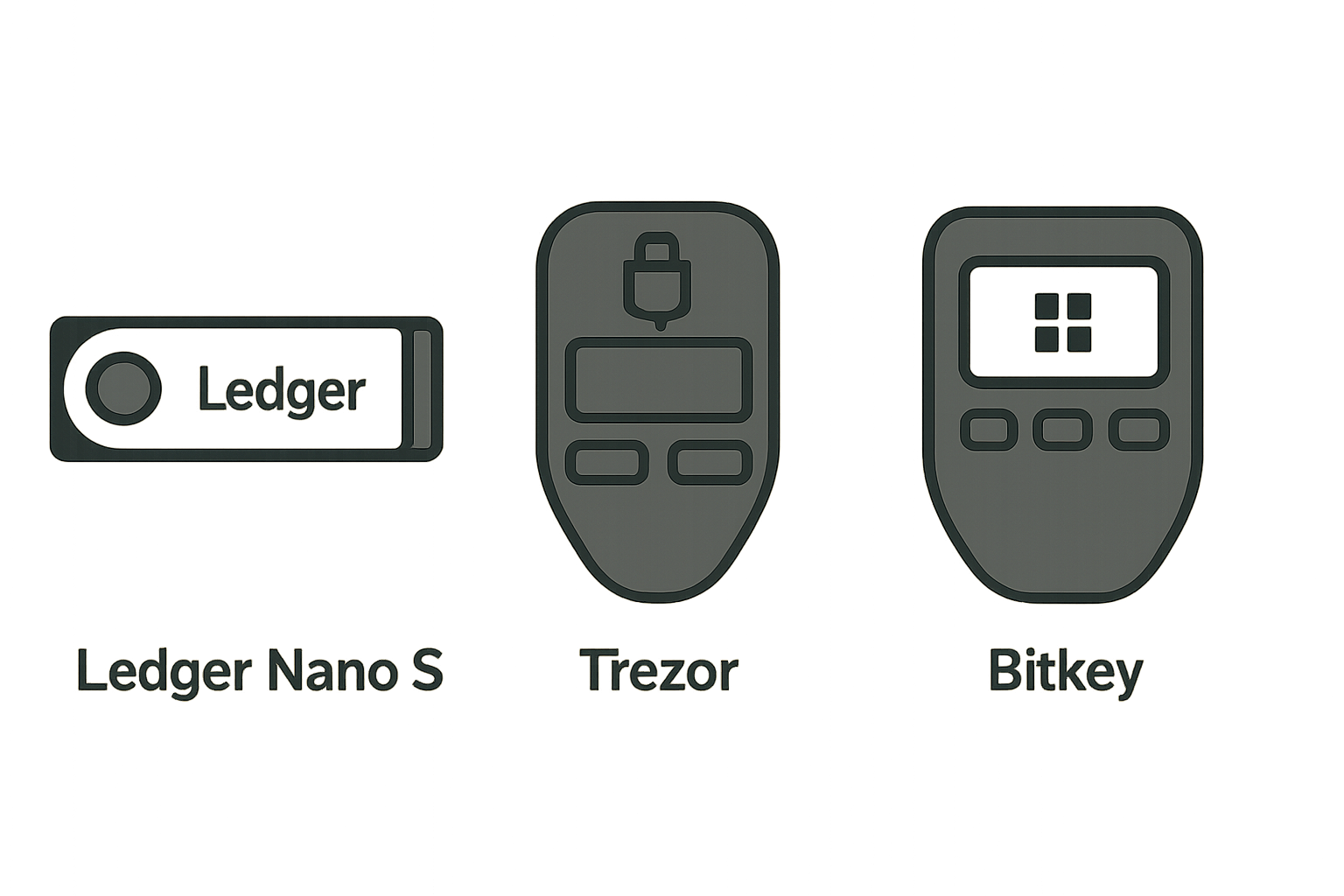Ledger Nano S Trezor Bitkey hardware wallet icons