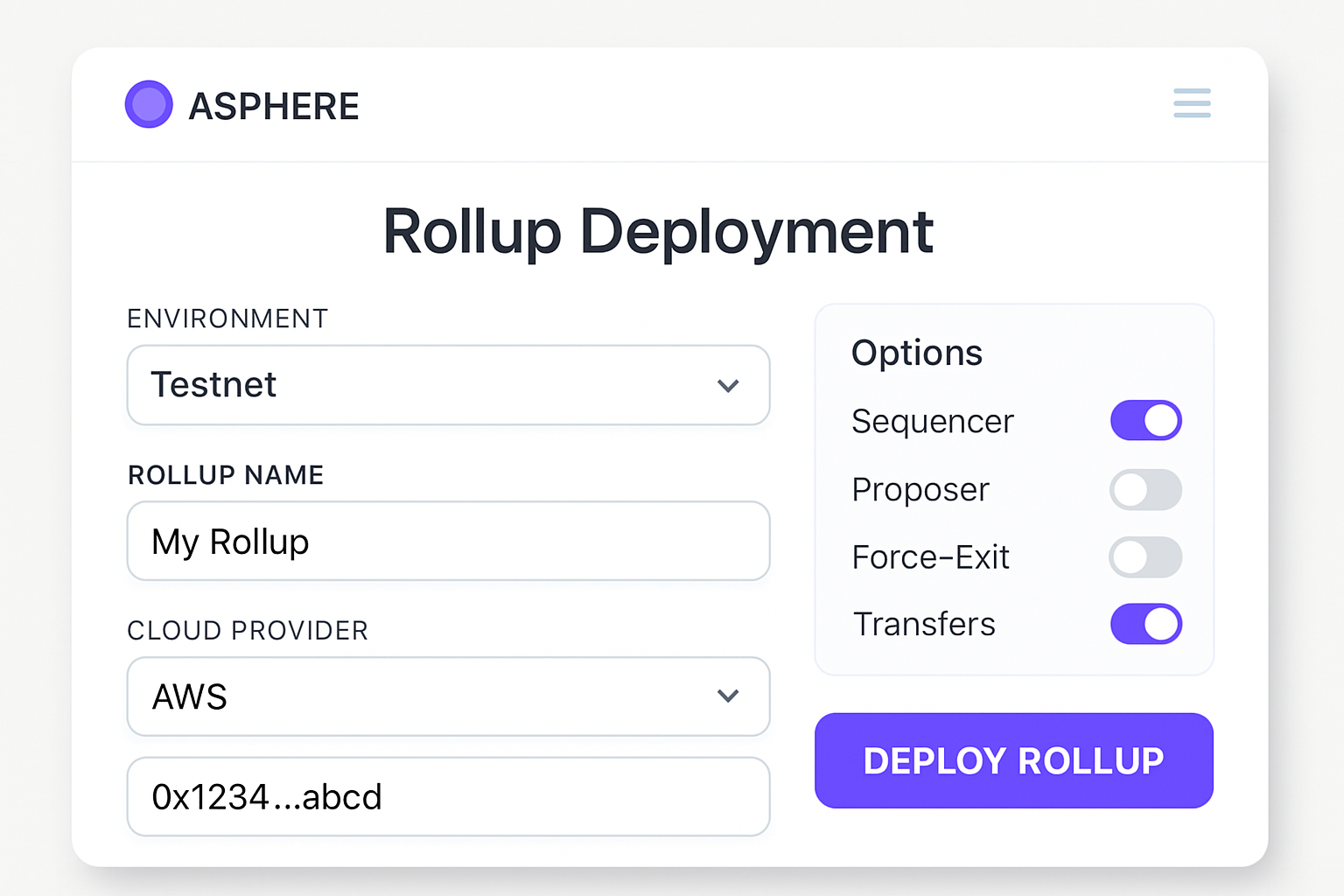 Asphere no-code rollup deployment interface