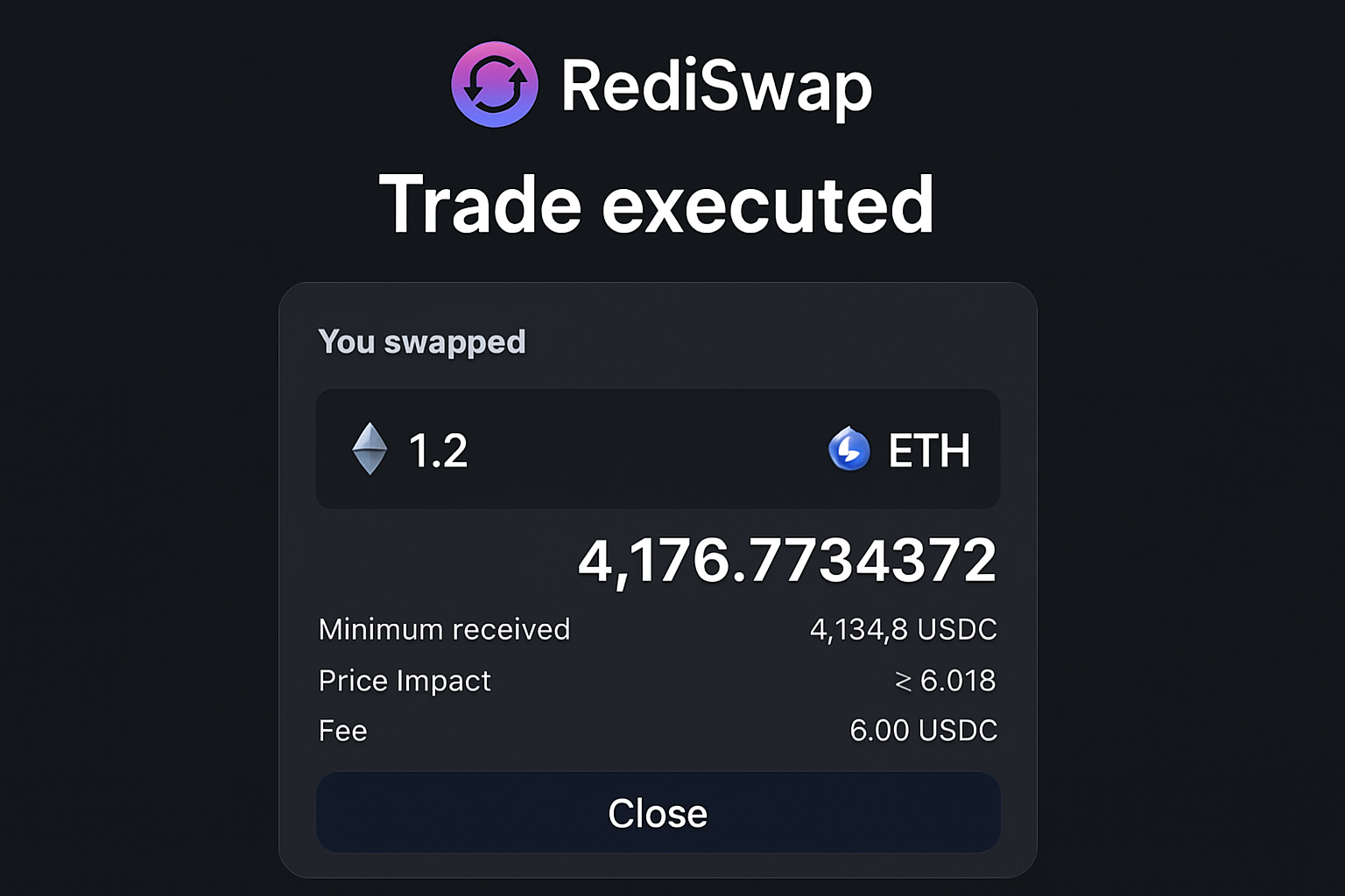 RediSwap trade execution screenshot