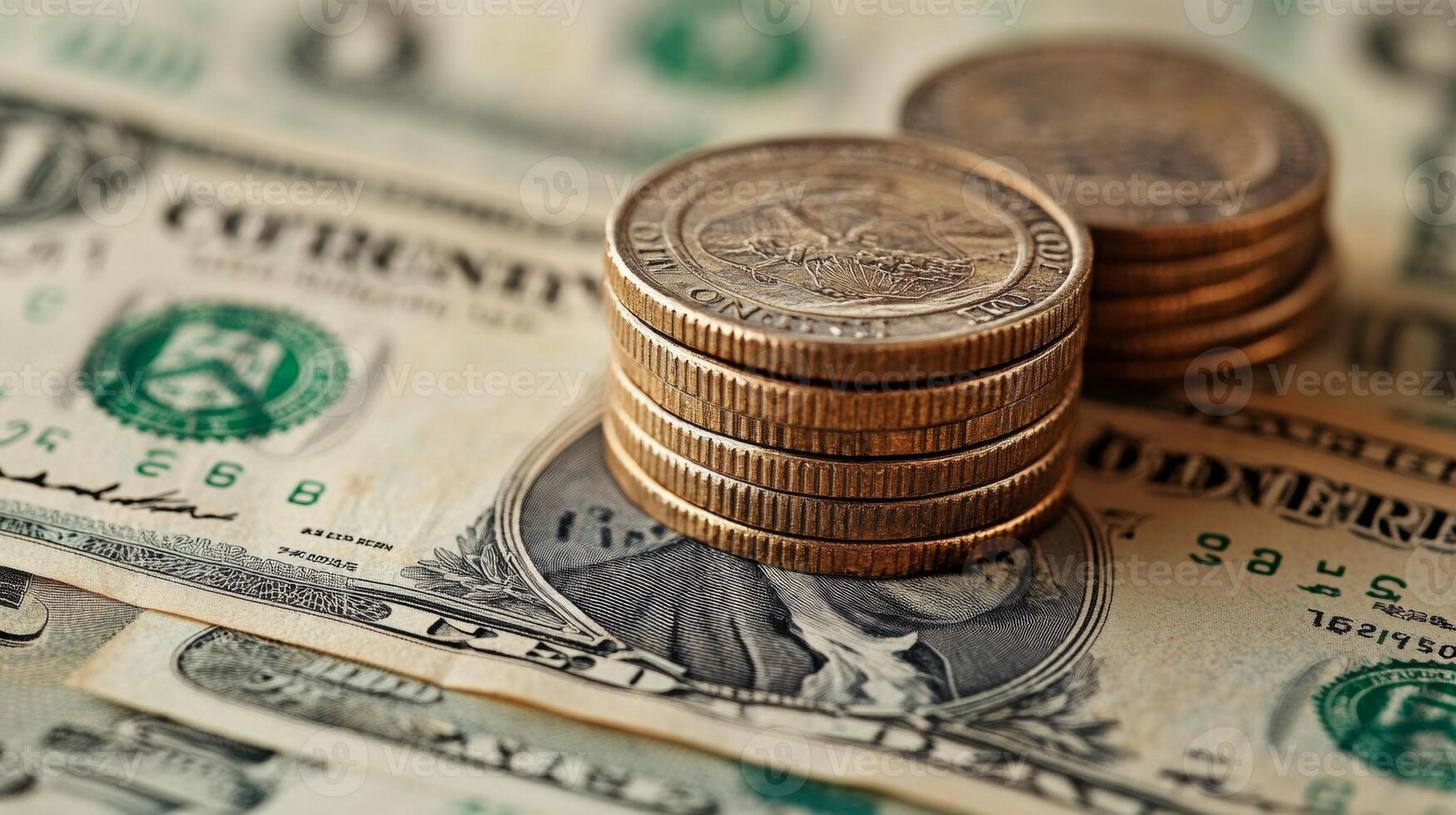 US dollar bills coins stack