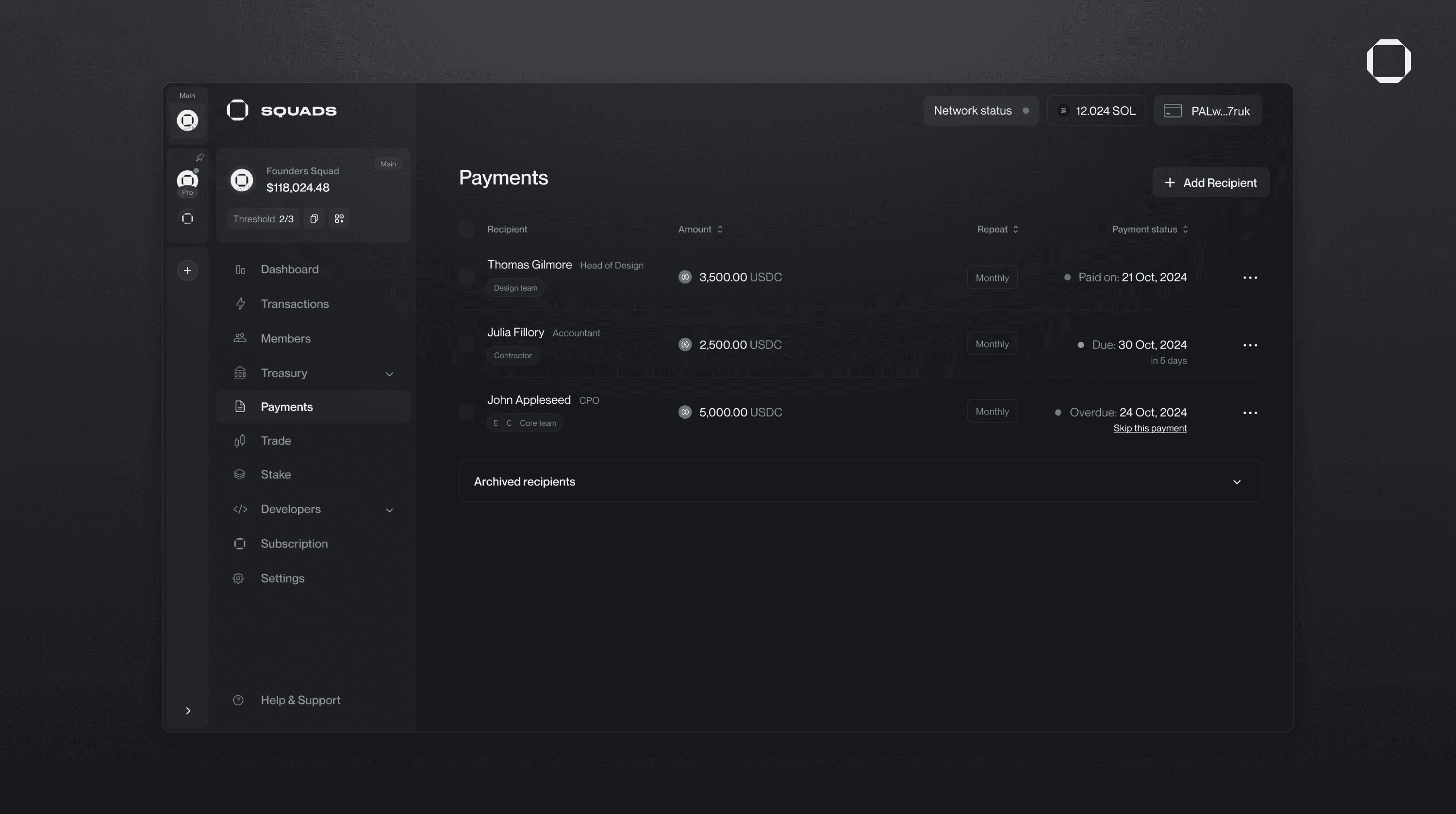 Squads Protocol multisig smart wallet dashboard