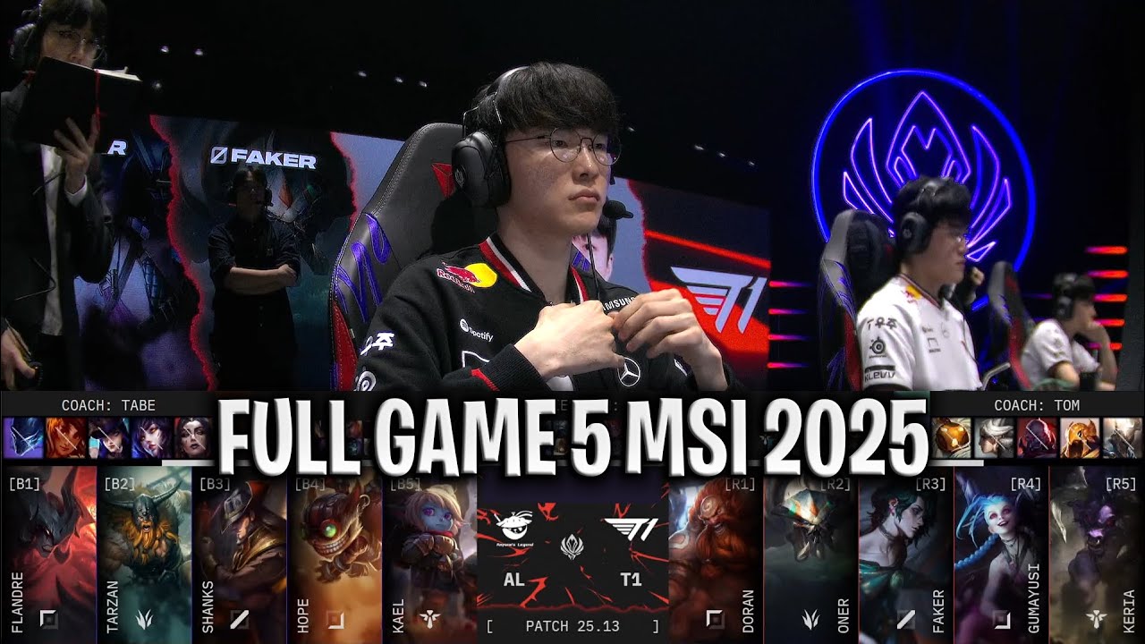 Faker and Tarzan facing off on the League of Legends Worlds 2025 stage during T1 vs Anyone's Legend quarterfinals