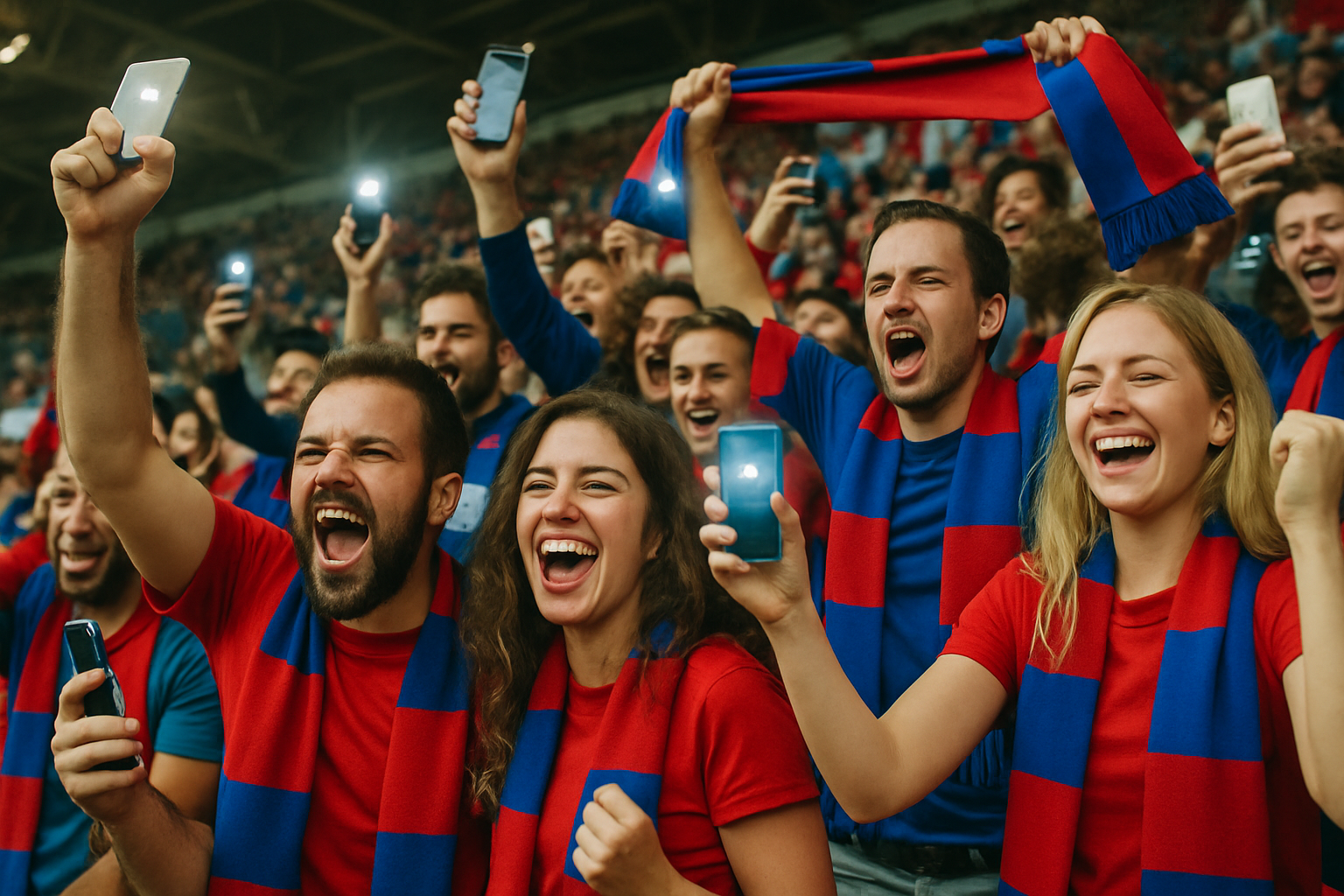 European soccer fans celebrating in stadium with mobile phones and team scarves
