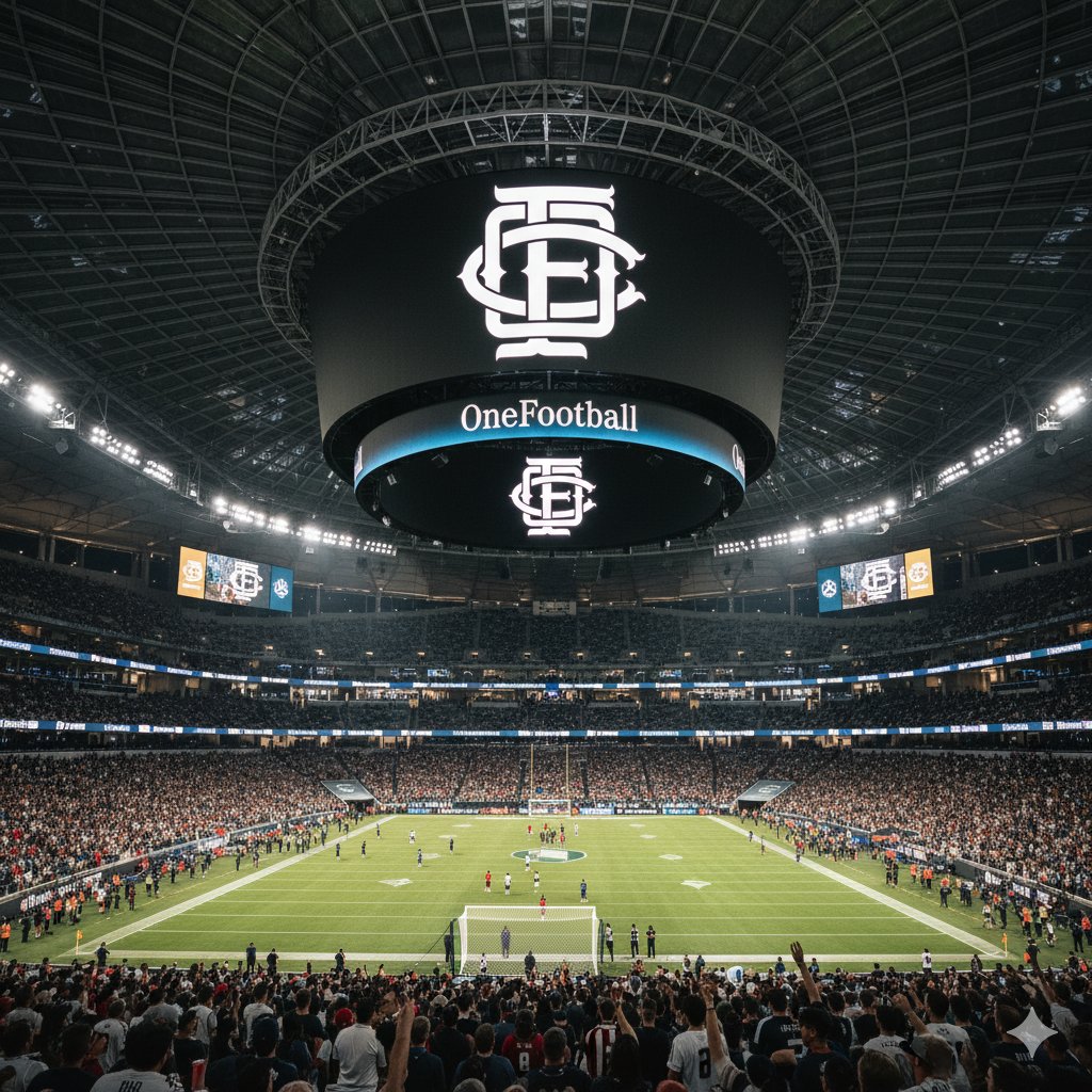 Football fans celebrating at a stadium while holding OneFootball $OFC tokens, showcasing fan ownership and engagement in 2025