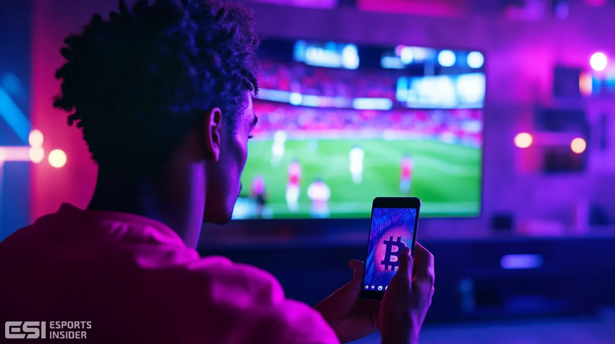 Cricket fans at a stadium using blockchain-powered apps on smartphones to enhance their live match experience