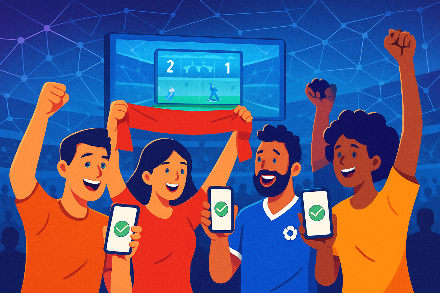 Football fans using mobile apps to vote on club decisions inside a digital blockchain-powered sports arena