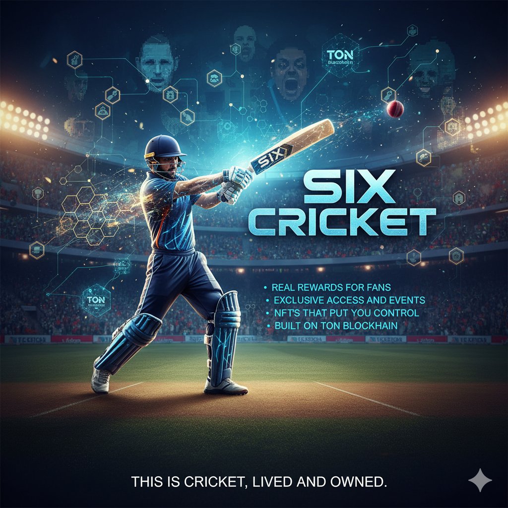Fans playing SIXR Cricket on mobile devices and displaying NFT cricket gear in a digital environment powered by blockchain technology.
