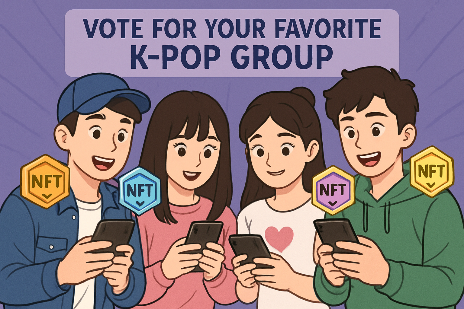K-Pop fans voting for their favorite group using blockchain-powered NFT badges on smartphones