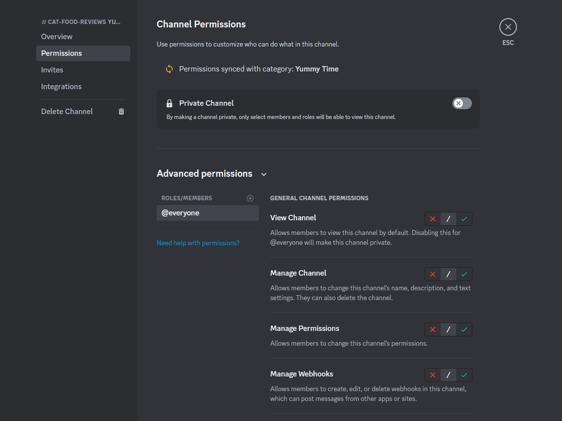 Base Discord server roles interface