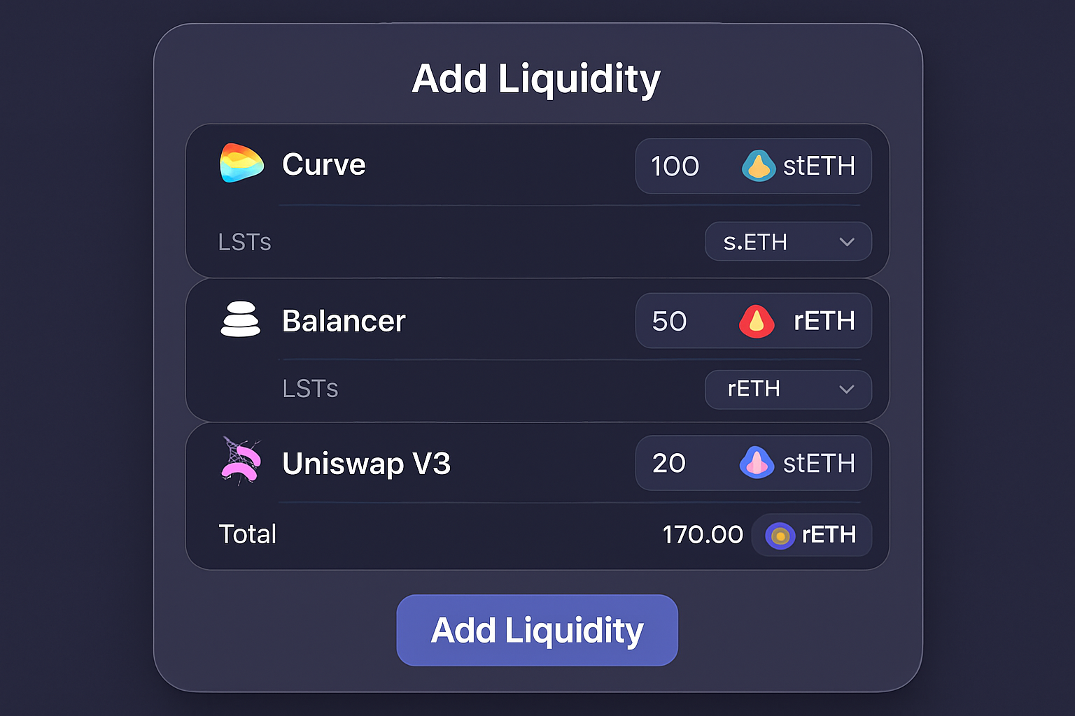 Curve, Balancer, Uniswap V3 LST liquidity pool interface