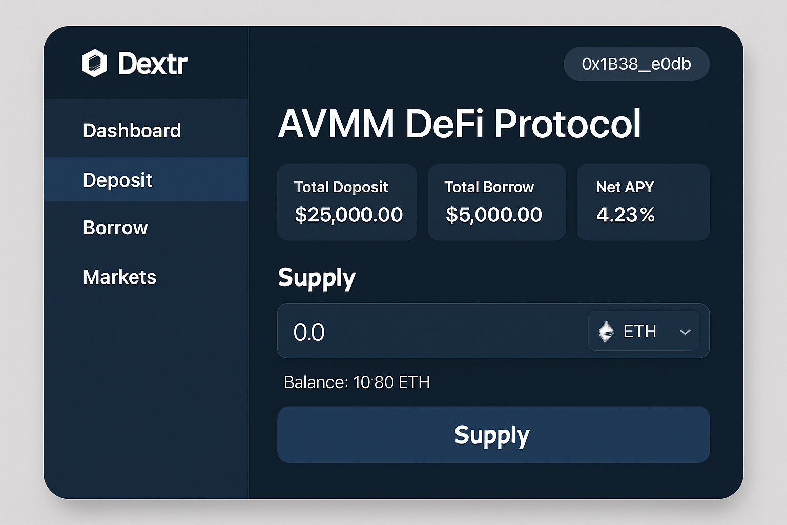 Dextr AVMM DeFi protocol user interface