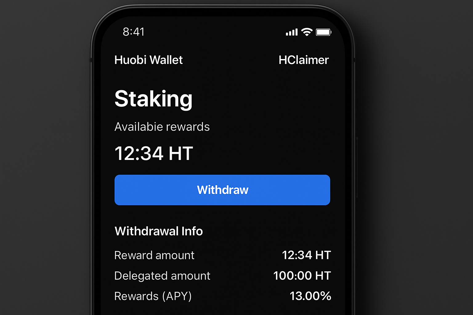 Huobi Wallet HClaimer staking rewards screenshot