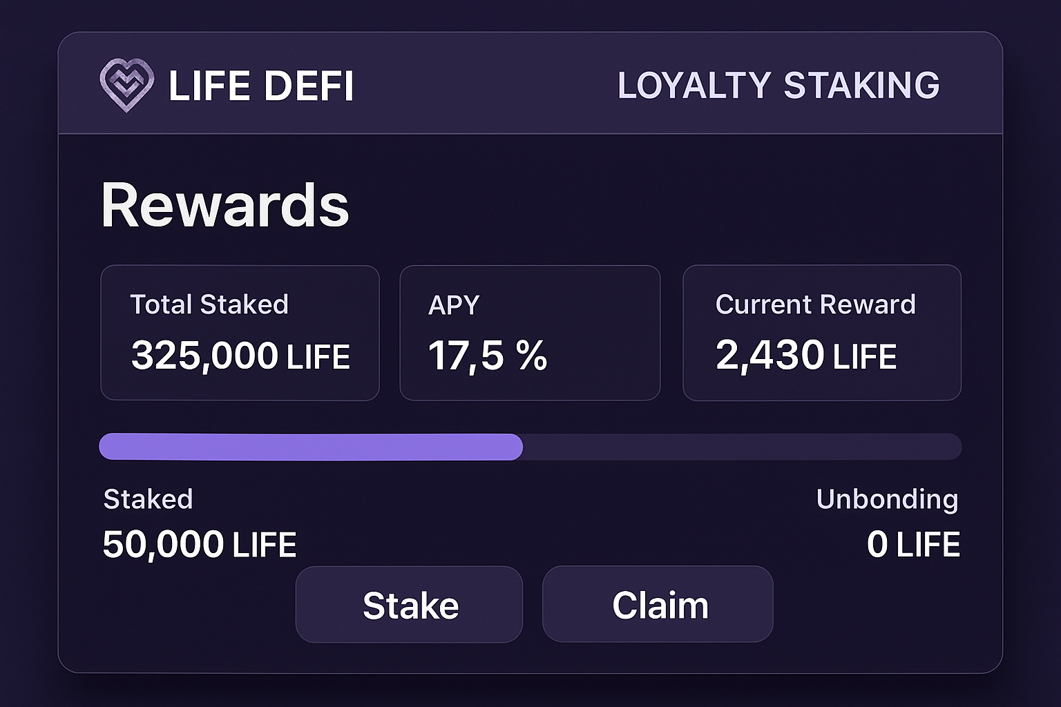 Life DeFi loyalty staking rewards interface