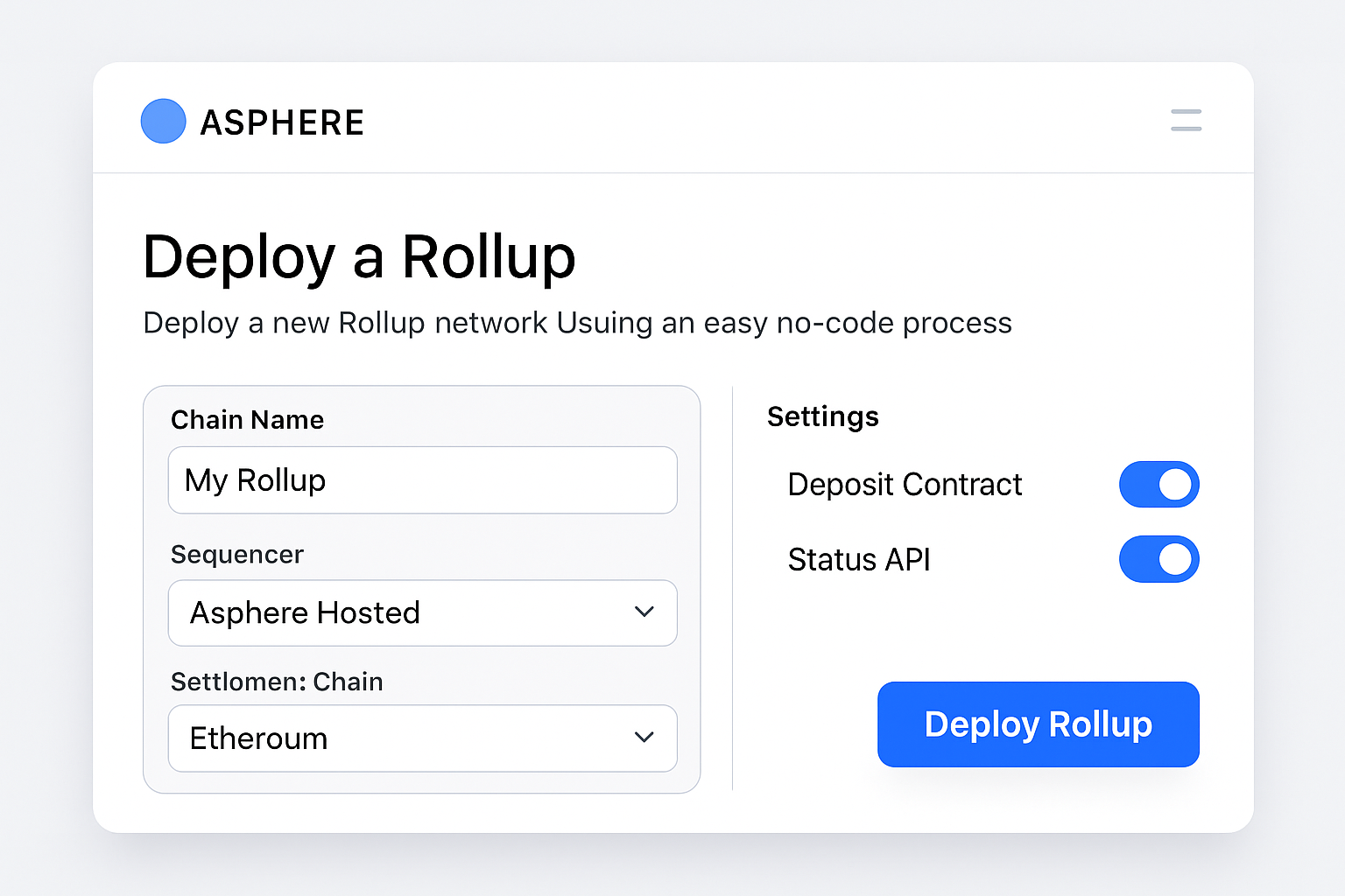 Asphere no-code rollup deployment interface