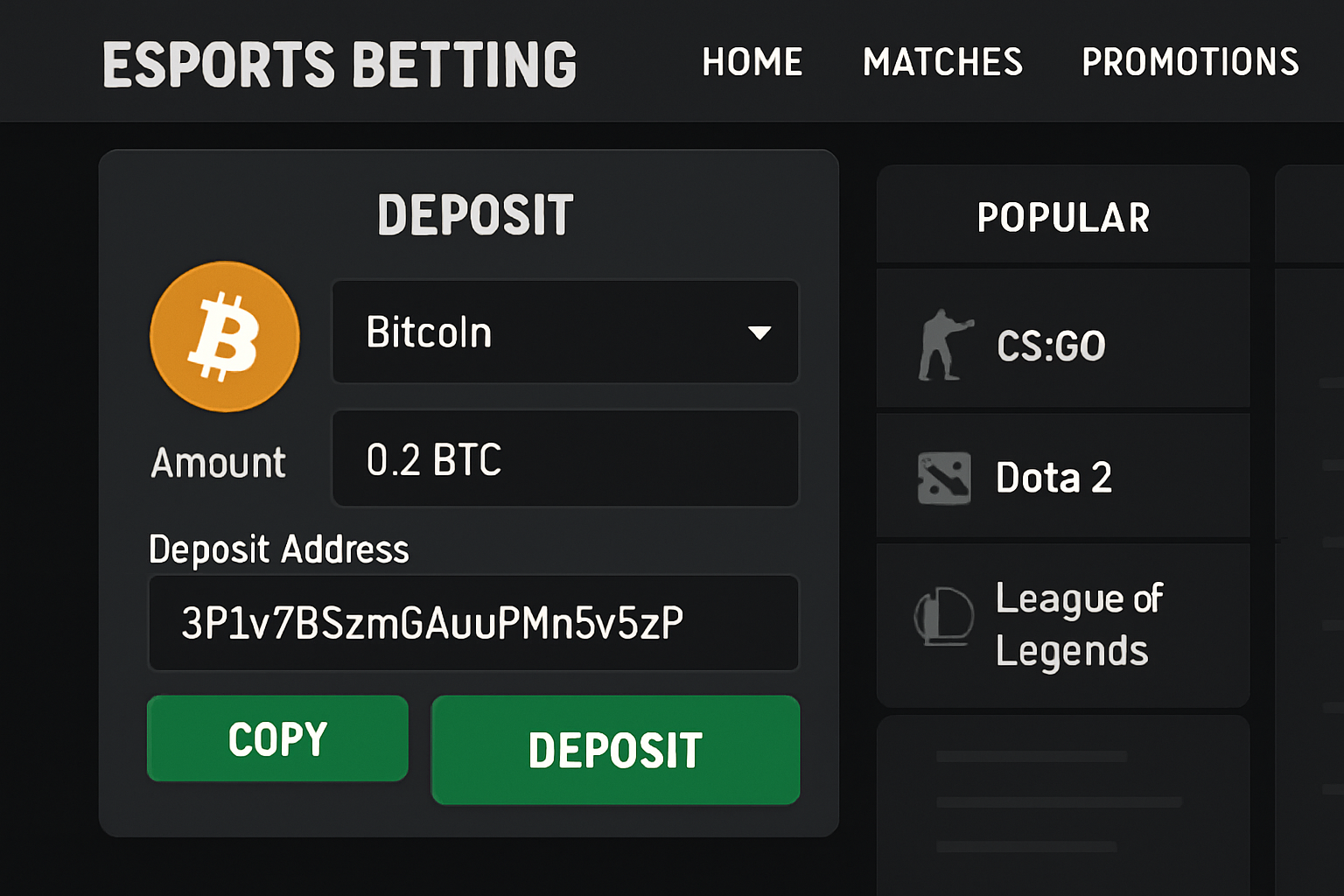 Bitcoin deposit process on esports betting site