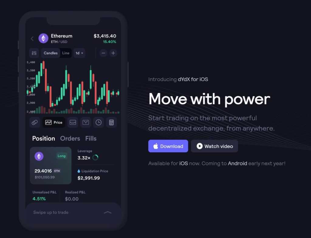 dYdX USDT perpetual swap trading interface