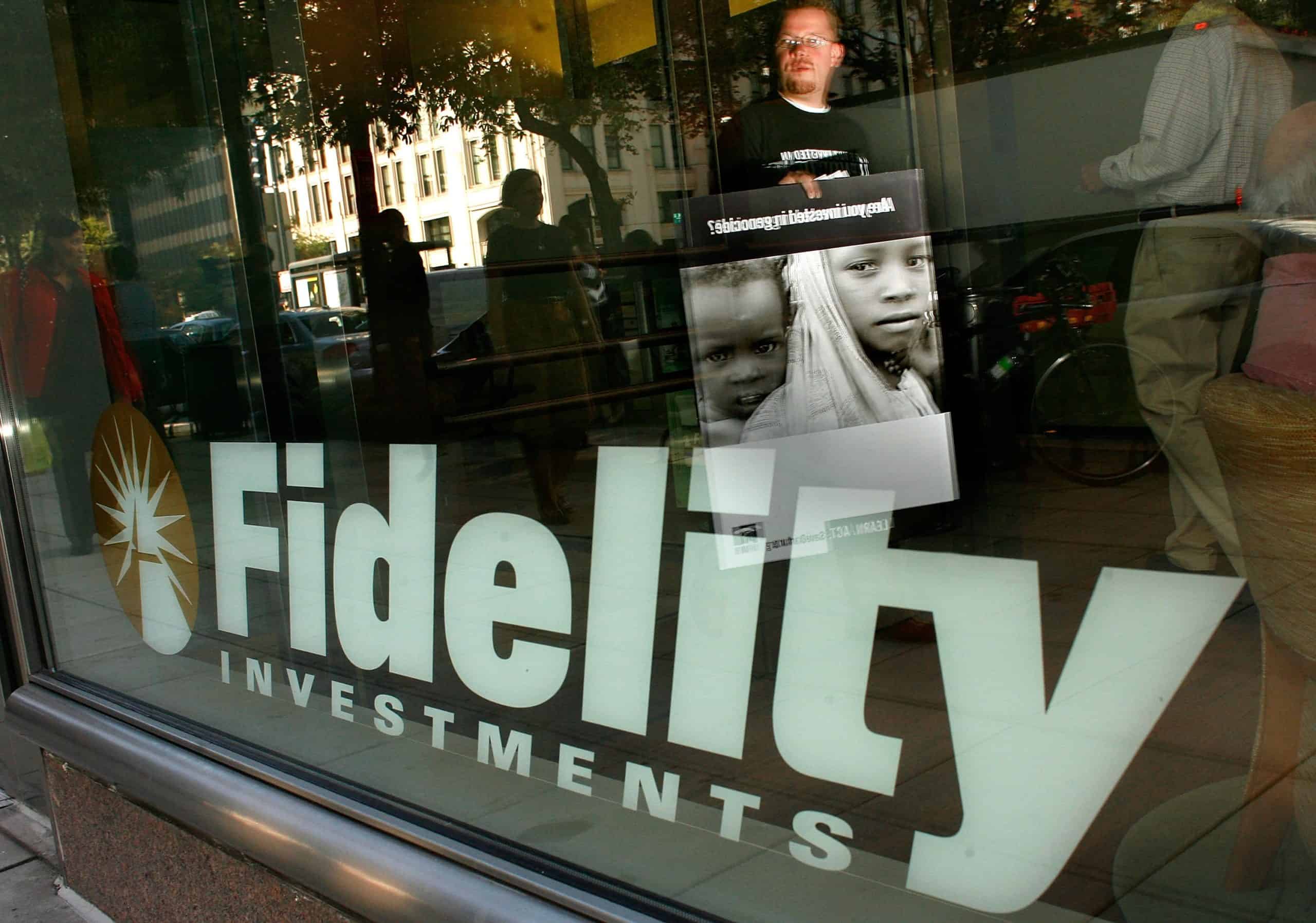 Fidelity Investments logo overlaying Ethereum blockchain digital background, representing tokenized treasury fund on Ethereum