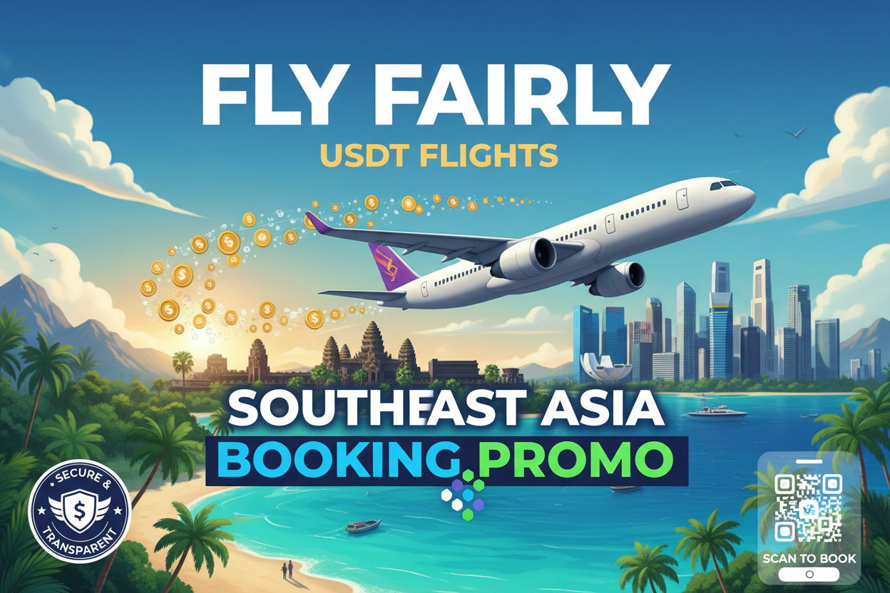 Fly Fairly promotional image for booking Southeast Asia flights with USDT across 650 airlines worldwide, crypto stablecoin travel payments