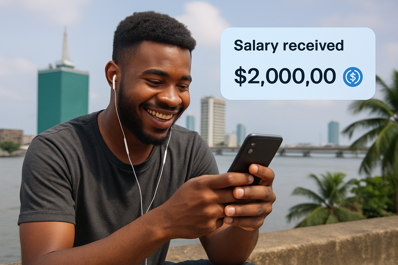 Freelancer in Lagos receiving USDC salary notification on smartphone, representing stablecoin payroll for remote workers in Nigeria