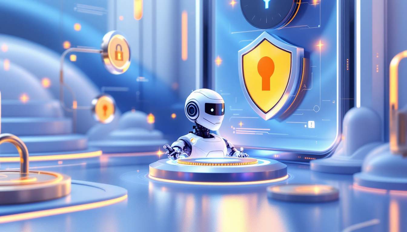 Futuristic AI agent dashboard managing DAO treasury yields with protective risk control shields and Avalanche blockchain network visualization