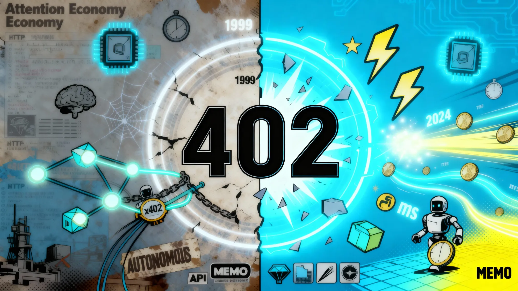 Futuristic AI agent executing x402 micropayment on Base chain network, illustrating autonomous blockchain transactions for AI micropayments