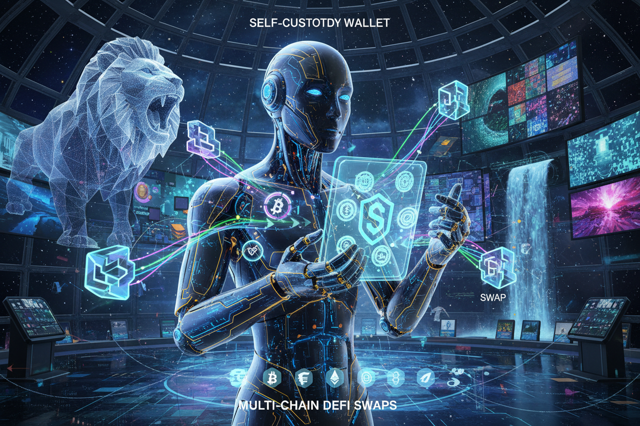 Futuristic AI agent interfacing with self-custody crypto wallet for multi-chain DeFi swaps and DCA automation illustration