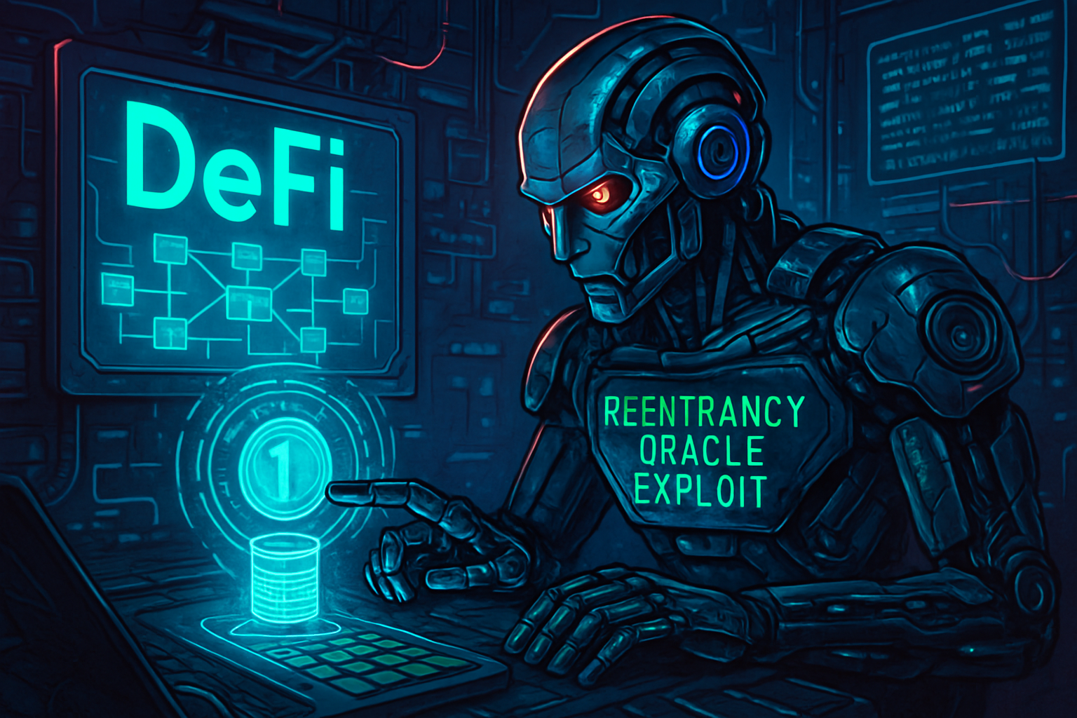 Futuristic AI agent scanning and exploiting DeFi smart contracts with reentrancy and oracle vulnerabilities, Nexus Mutual Sherlock InsurAce Armor.fi Unslashed Finance Bridge Mutual Immunity coverage 2025