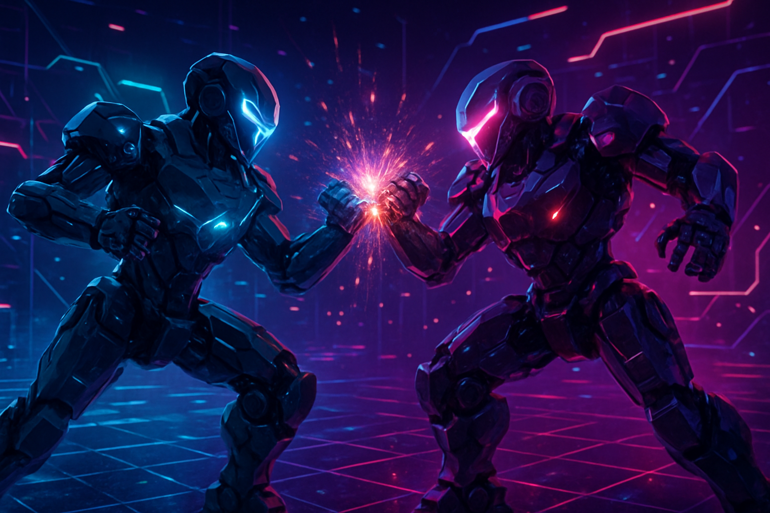 Futuristic AI combat robots battling in a neon-lit digital arena during a real-time competition, inspired by FractionAI Arena.