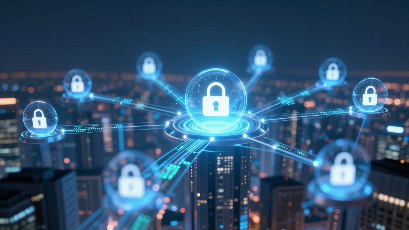 Futuristic blockchain network securing travel insurance policies with reinsurance icons, revolutionizing cheaper policies for crypto-savvy explorers