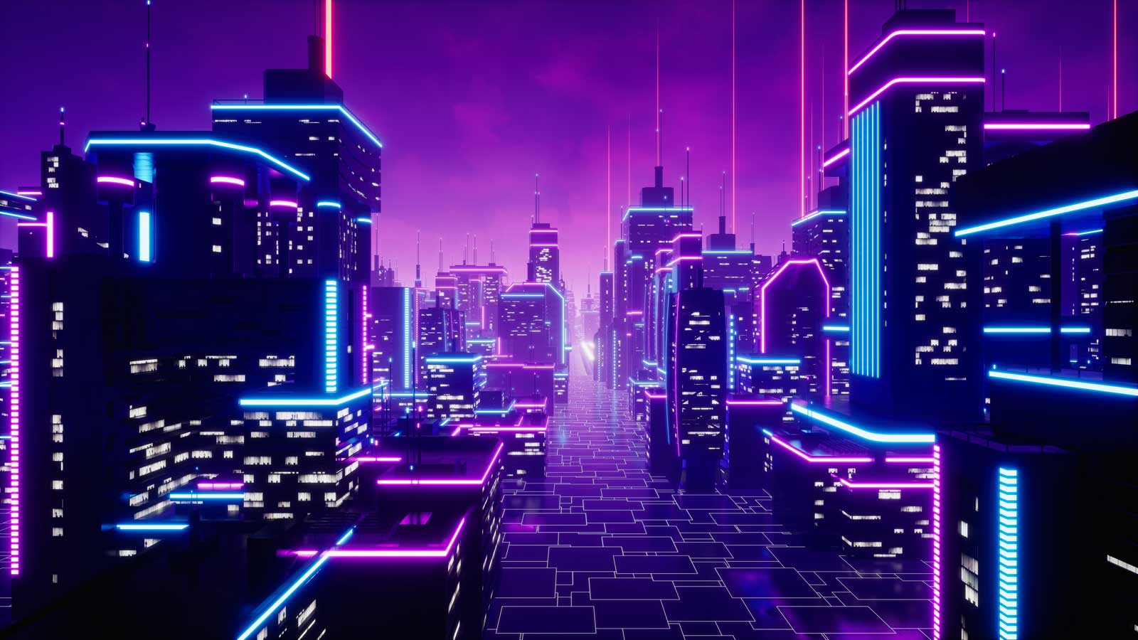 Futuristic city skyline with digital tokens symbolizing property NFTs hovering above modern buildings, representing blockchain-powered real estate rentals