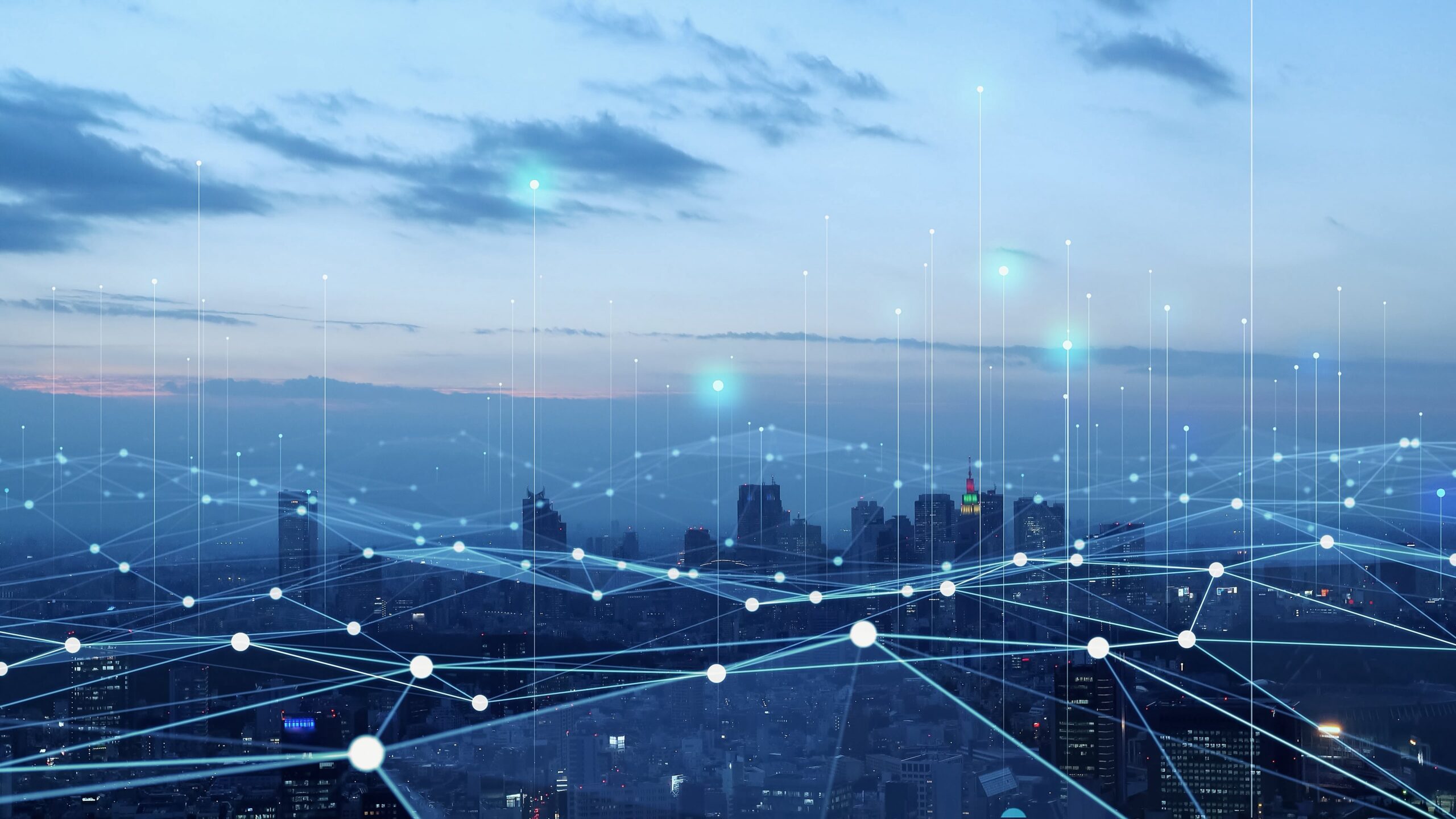 Futuristic cityscape with decentralized wireless nodes and glowing data streams representing quality verification in DePIN networks