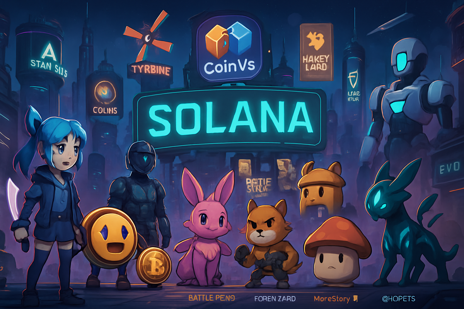 Futuristic Solana blockchain game world concept art featuring NFT elements and top 2025 titles like Aurory, Star Atlas, and Tyrbine