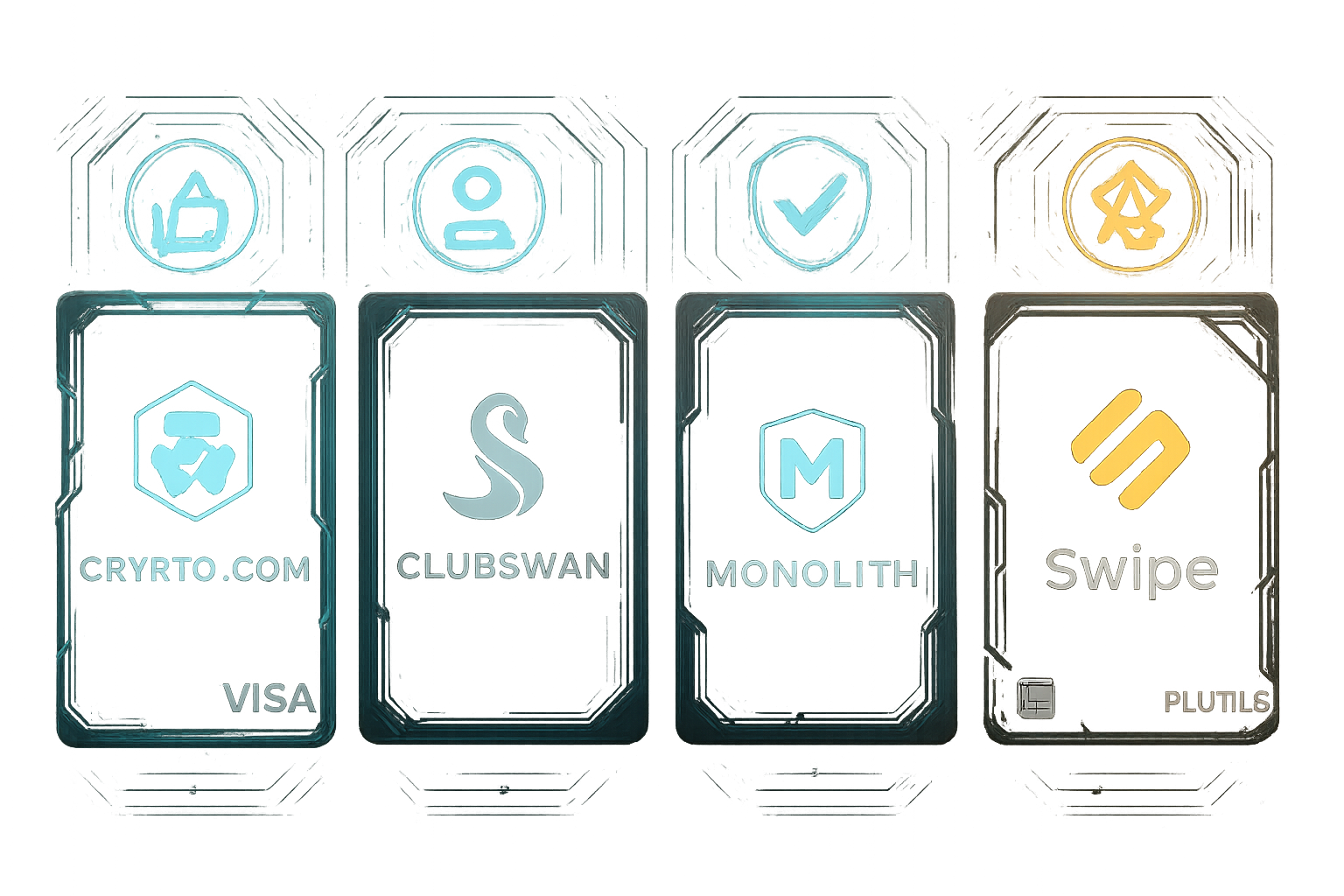 Futuristic crypto rewards cards featuring Crypto.com Visa, ClubSwan, Monolith, Swipe, and Plutus, with digital reputation and governance token icons representing DeFi and Web3 participation.