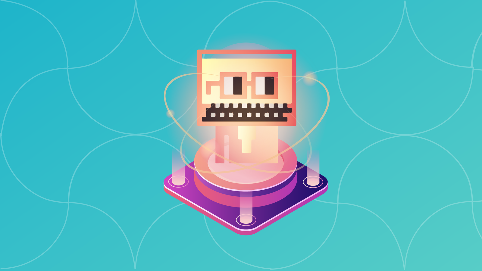 Futuristic DAO members in a virtual meeting holding digital NFT governance badges, representing self-sovereign identity in Web3 organizations.