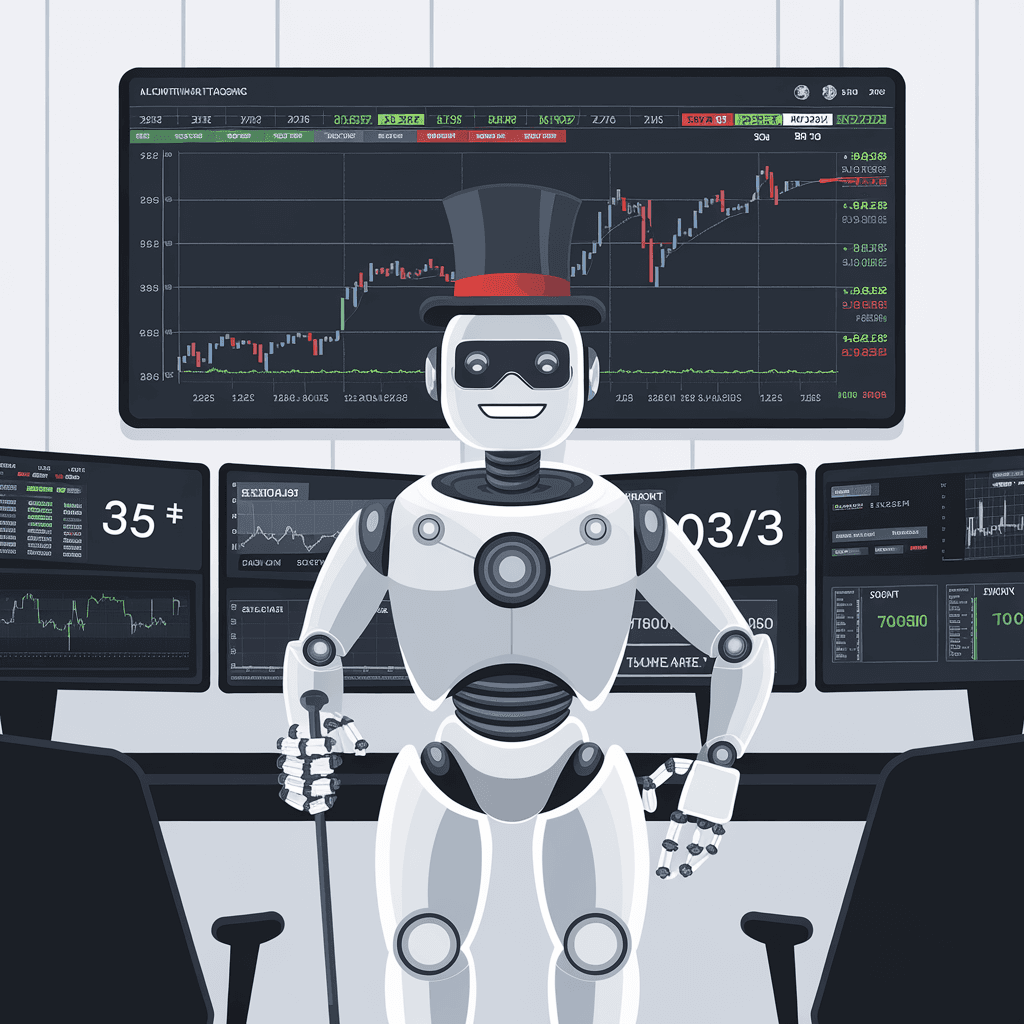 Futuristic DeFi dashboard managed by AI agents showing a diversified crypto portfolio overview with automation and digital intelligence elements