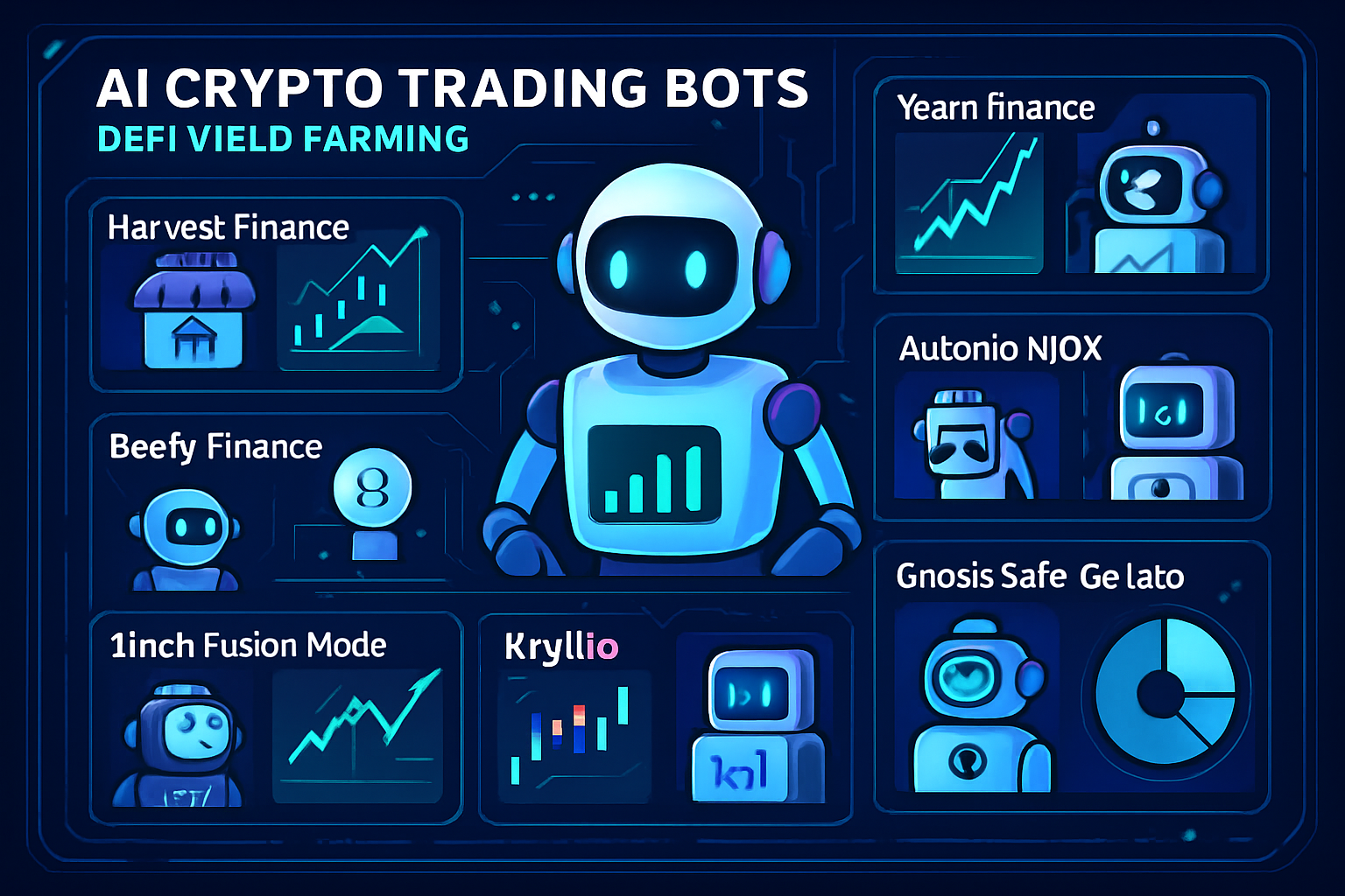 Futuristic dashboard displaying top 7 AI crypto trading bots for DeFi yield farming: Harvest Finance, Yearn.finance, Beefy Finance, Autonio NIOX, 1inch Fusion Mode, Kryll.io, and Gnosis Safe with Gelato Automations.