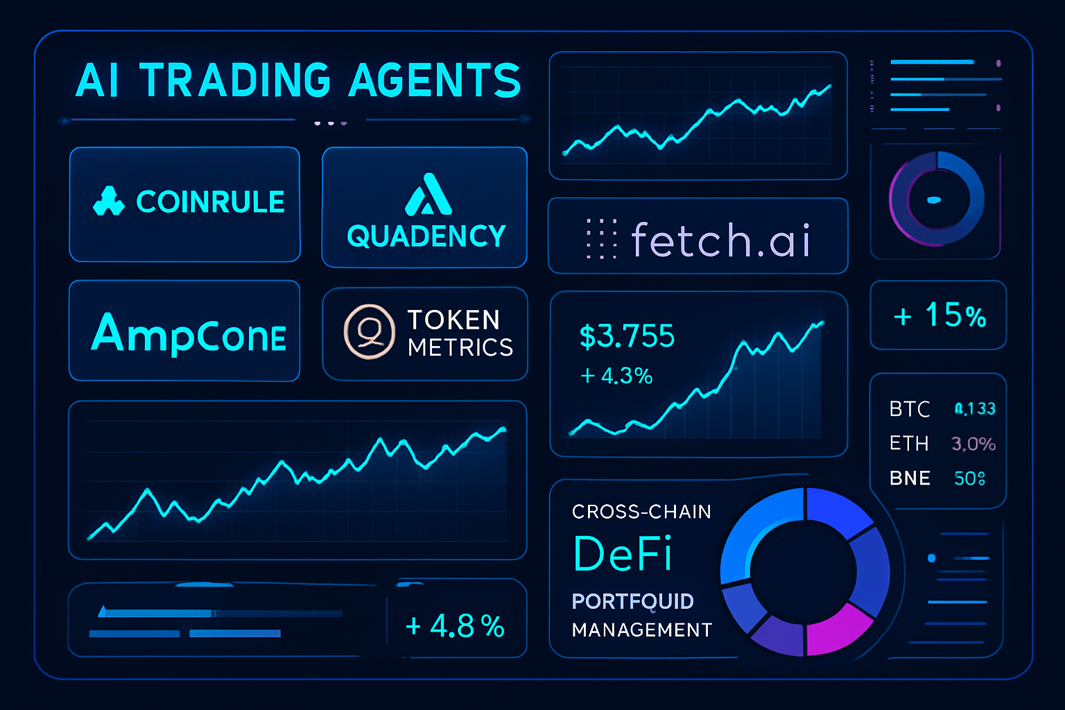 Futuristic dashboard displaying AI trading agents like Coinrule, Quadency, Fetch.ai, Token Metrics AI, and AmpCome managing cross-chain DeFi portfolios in 2025