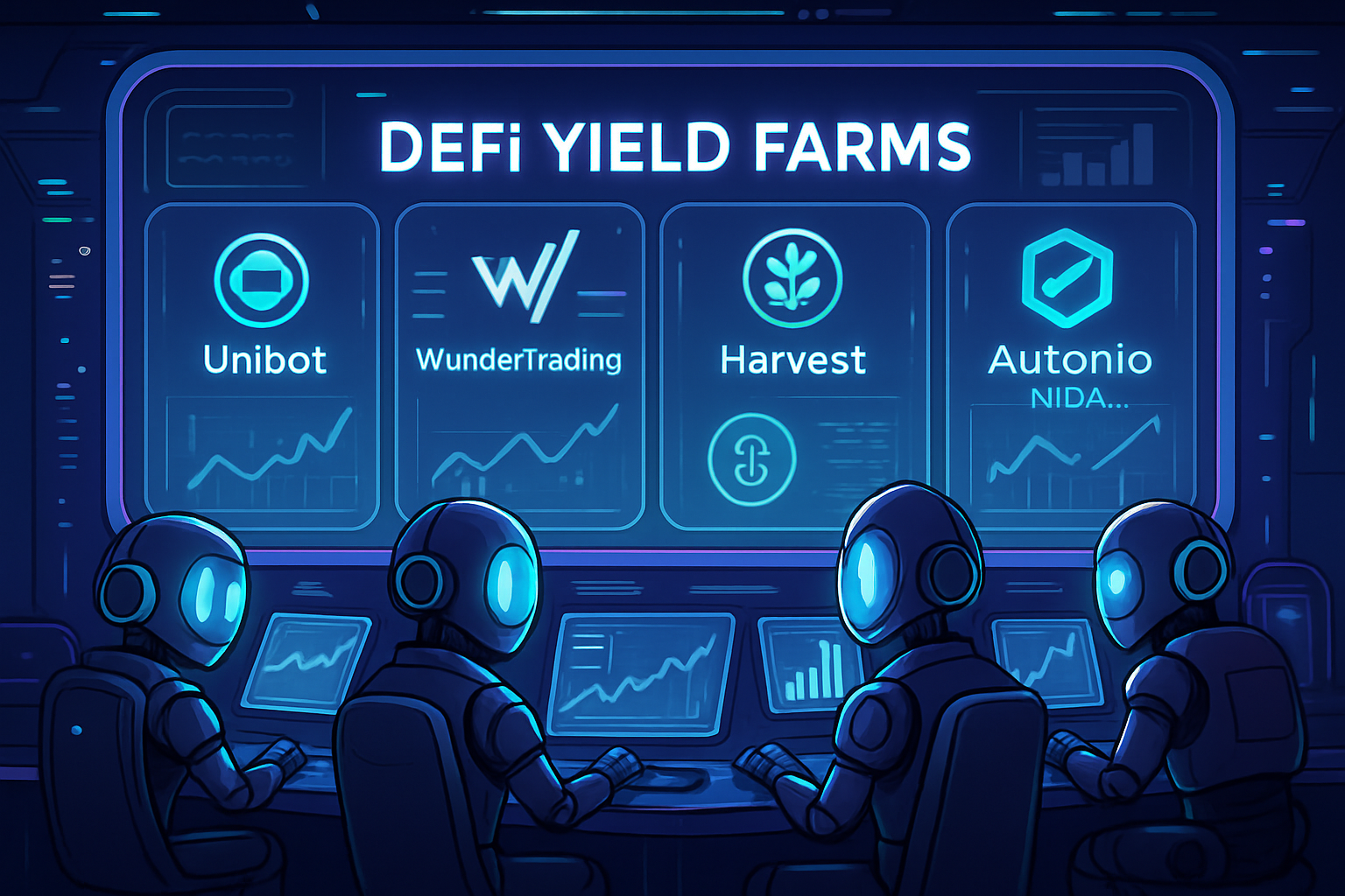 Futuristic dashboard with AI bots managing DeFi yield farms for Unibot, WunderTrading AI Bot, Harvest Finance Auto-Compounder, Yearn Finance Vaults, and Autonio NIOX Trading Suite