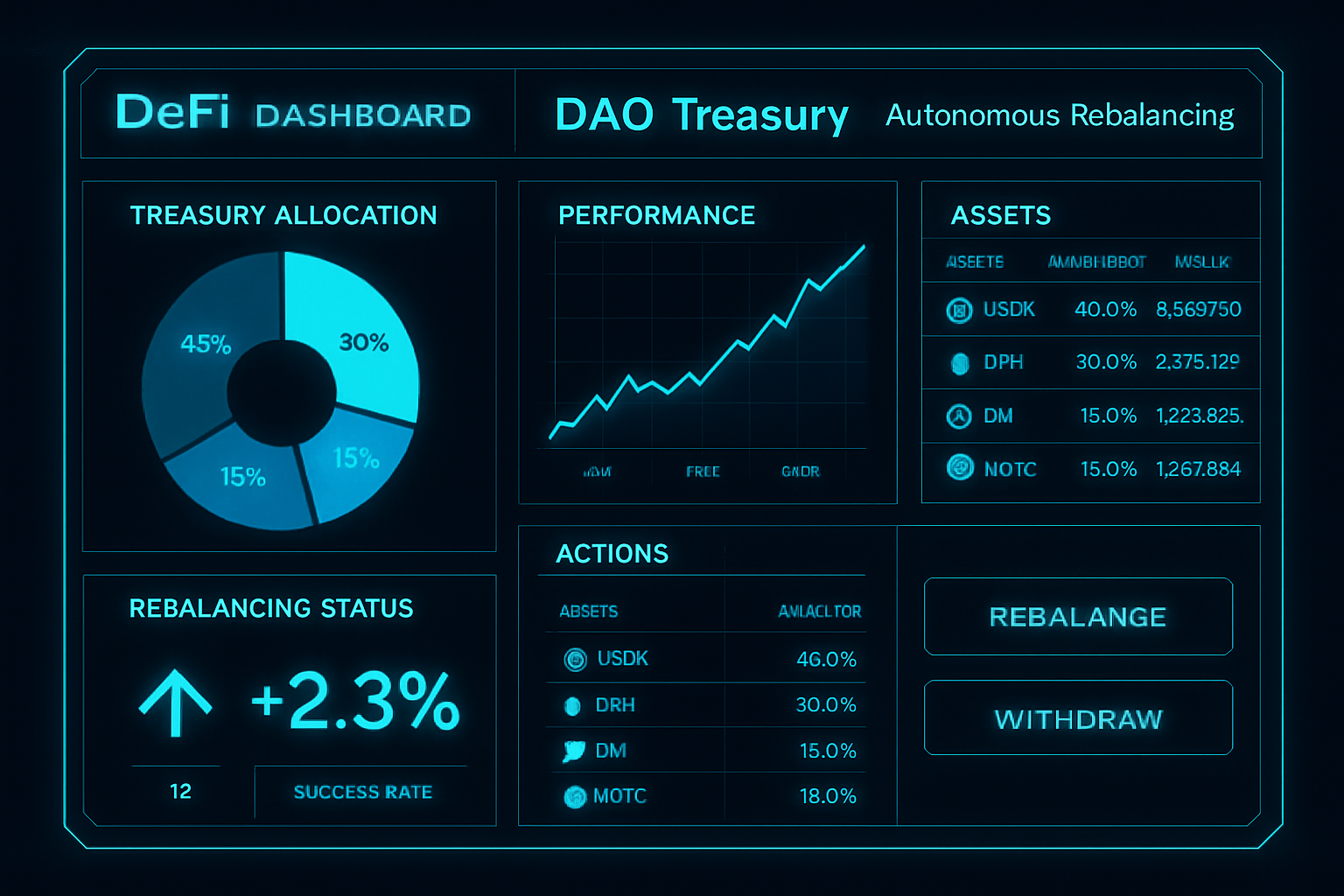 Futuristic holographic dashboard displaying autonomous DAO treasury rebalancing yields across DeFi protocols with neon interfaces and blockchain visuals