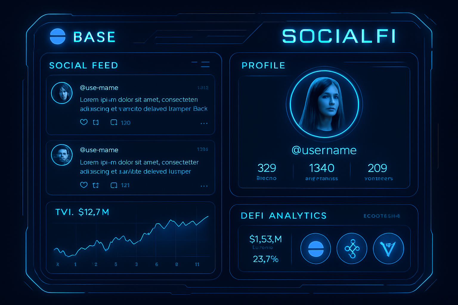 Futuristic dashboard blending social media feeds with DeFi analytics on Base ecosystem, highlighting SocialFi innovation
