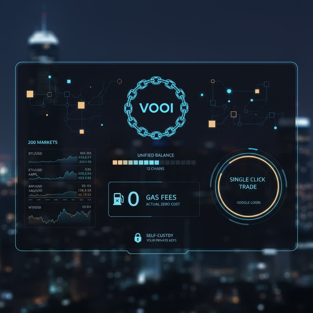 Futuristic dashboard interface displaying unified cross-chain perpetual trading with VOOI, highlighting seamless DeFi integration and advanced trading analytics.