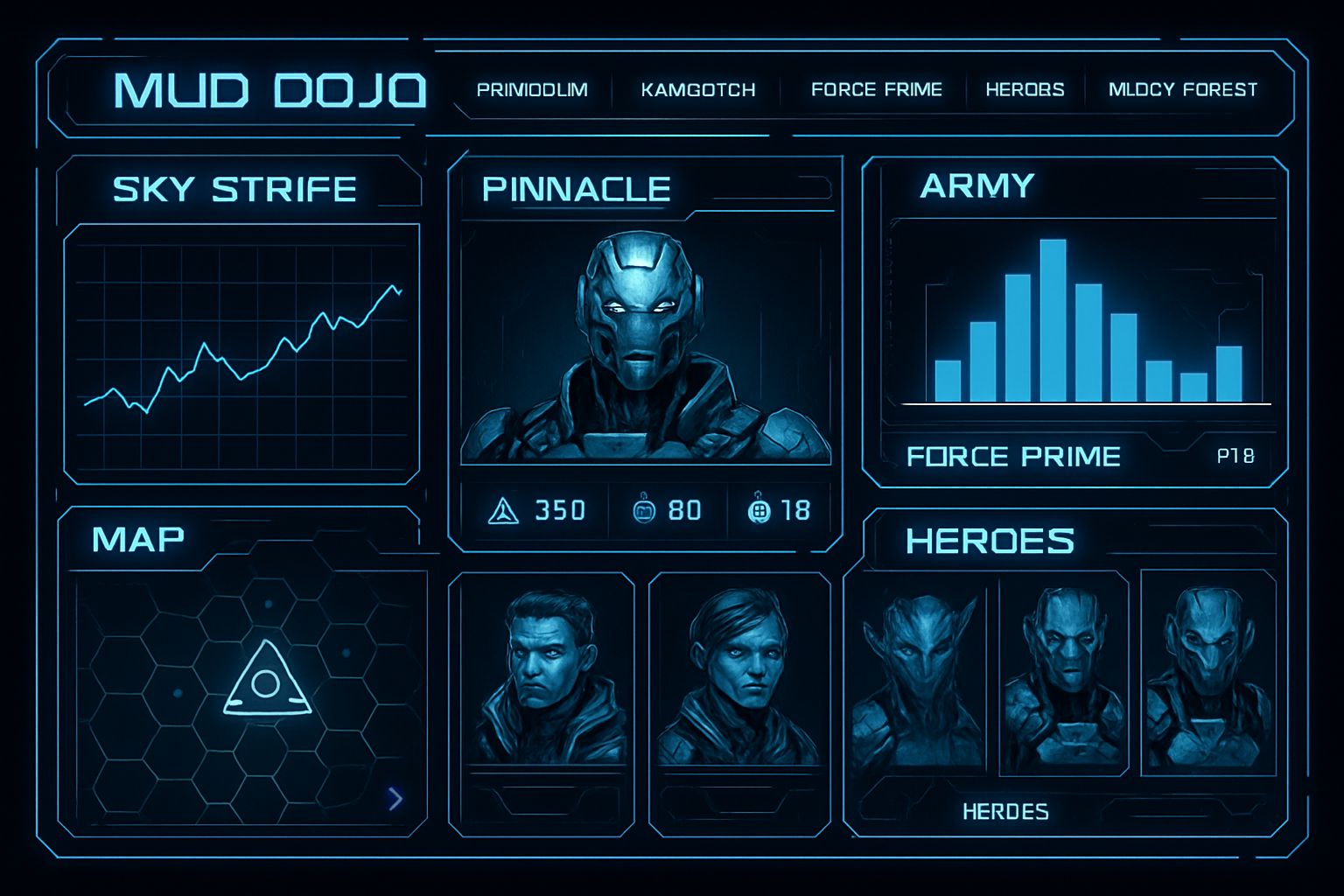 Futuristic dashboard view of a fully on-chain strategy game built with MUD and Dojo, showcasing top titles like Sky Strife, Primodium, Kamigotchi, Force Prime Heroes, and Muddy Forest, with blockchain-based UI elements and strategic maps.