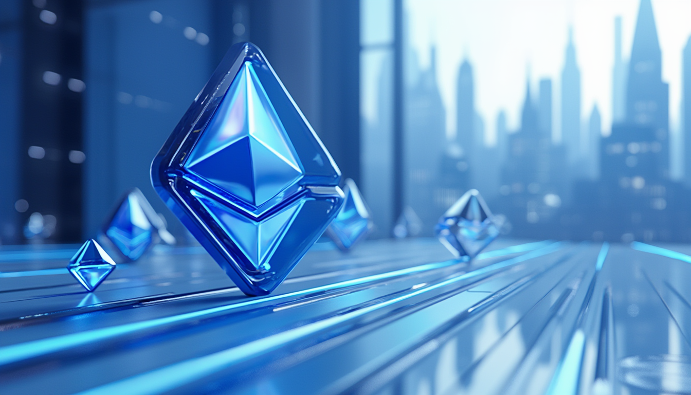 Futuristic hybrid finance concept with blockchain networks connecting global financial markets, representing the integration of Solana and Ethereum ETFs.