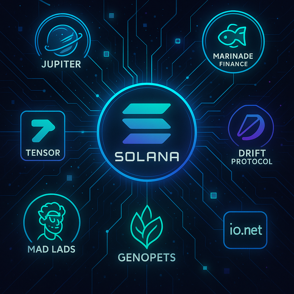 Futuristic digital art of Solana ecosystem showing interconnected logos of Jupiter, Marinade Finance, Tensor, Drift Protocol, Mad Lads, Genopets, and io.net representing DeFi, AI, and gaming projects for 2025