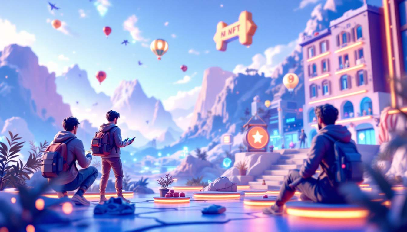 Futuristic digital cityscape illustrating NFT-driven virtual economies in play-to-earn blockchain games, featuring neon lights, digital assets, and virtual marketplaces.