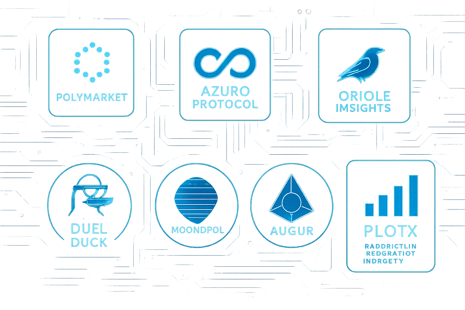 Futuristic digital interface displaying icons for top decentralized prediction market platforms in 2024: Polymarket, Azuro Protocol, Oriole Insights, Duel Duck, Moonopol, Augur, and PlotX, representing blockchain-based betting innovation.