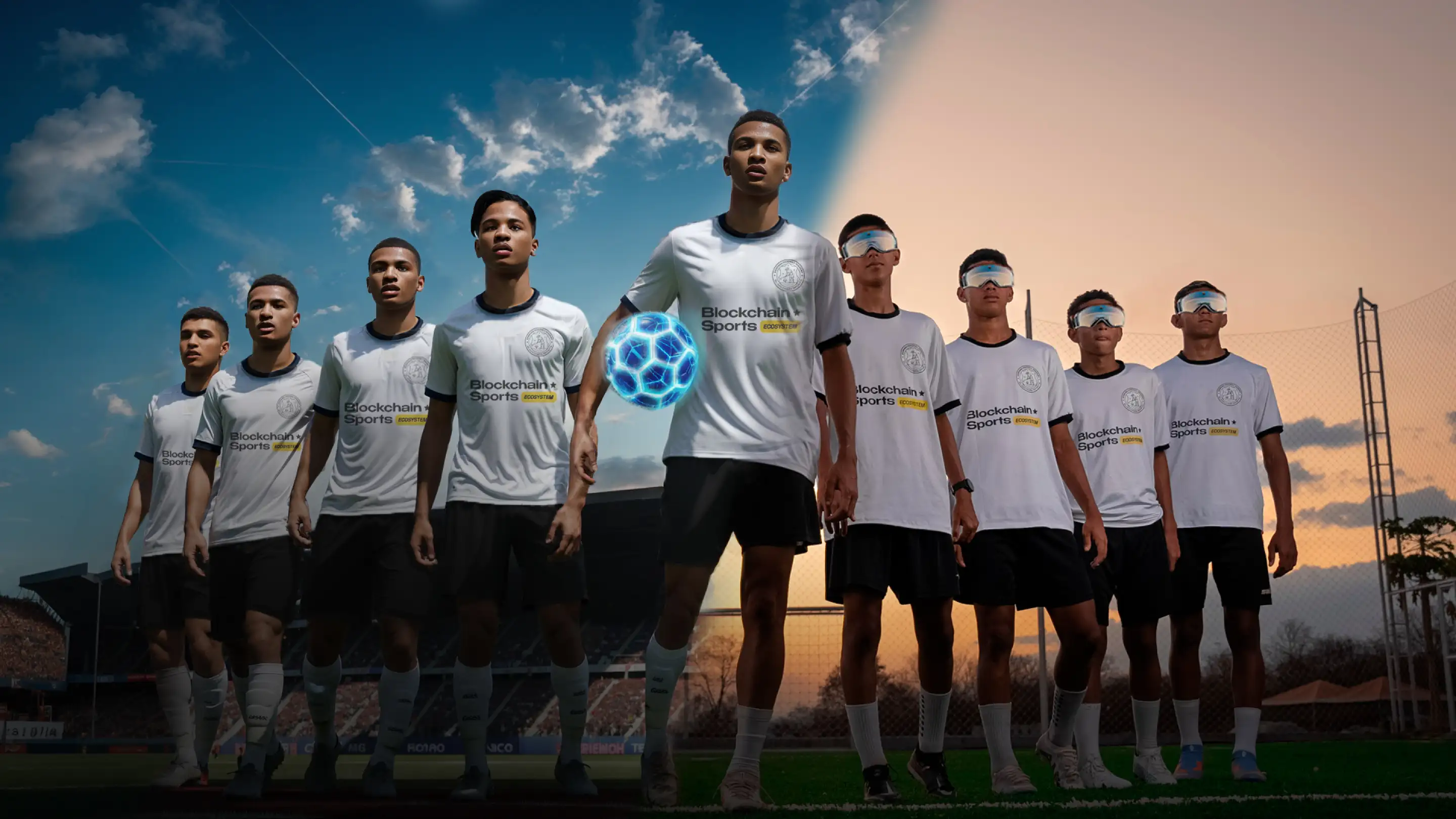 Futuristic digital ledger displaying real-time football player stats and scouting metrics on blockchain for on-chain soccer scouting