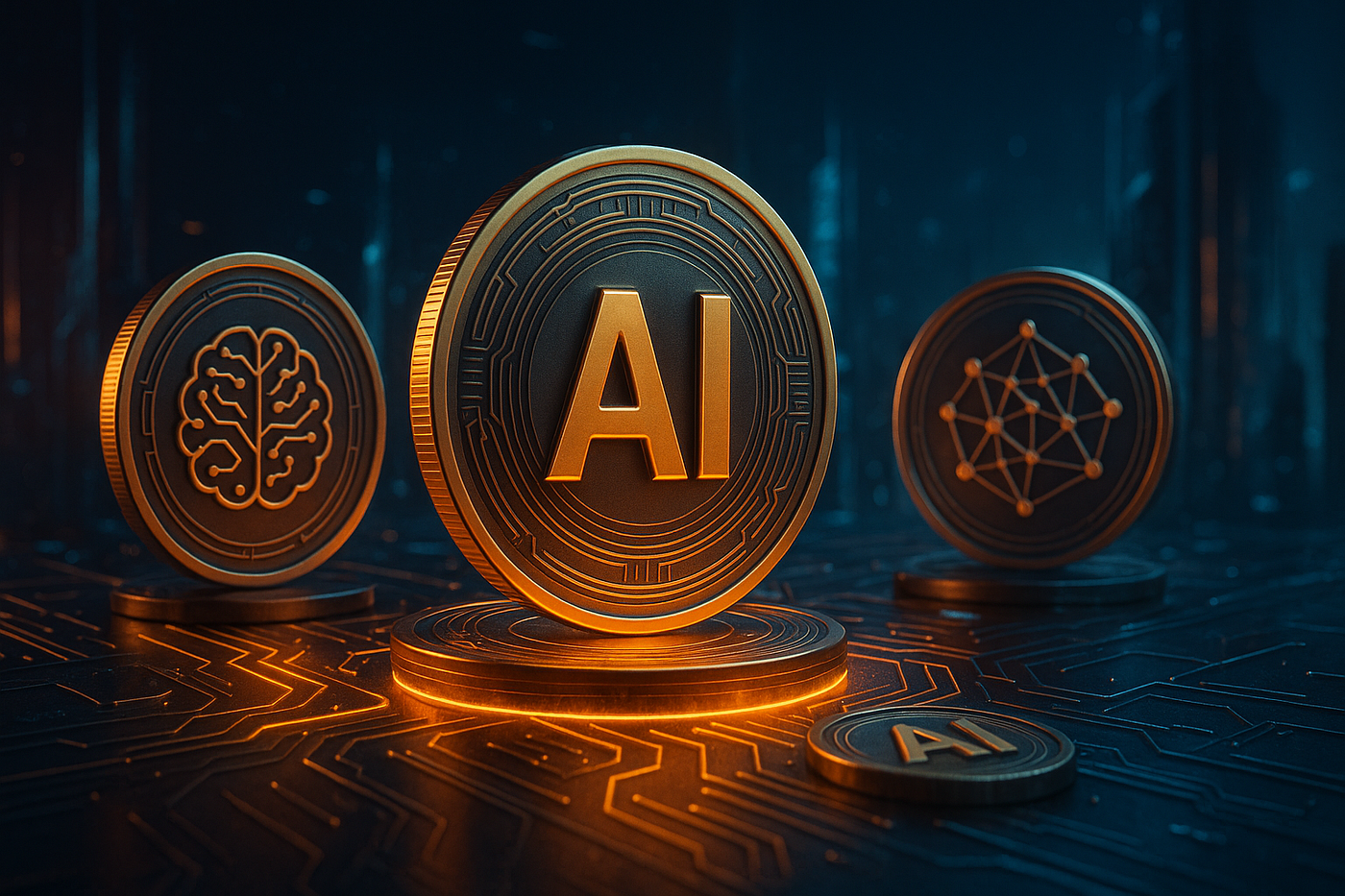 Futuristic digital marketplace trading AI fine-tuning datasets as crypto tokens on blockchain, holographic displays of datasets and blockchain networks