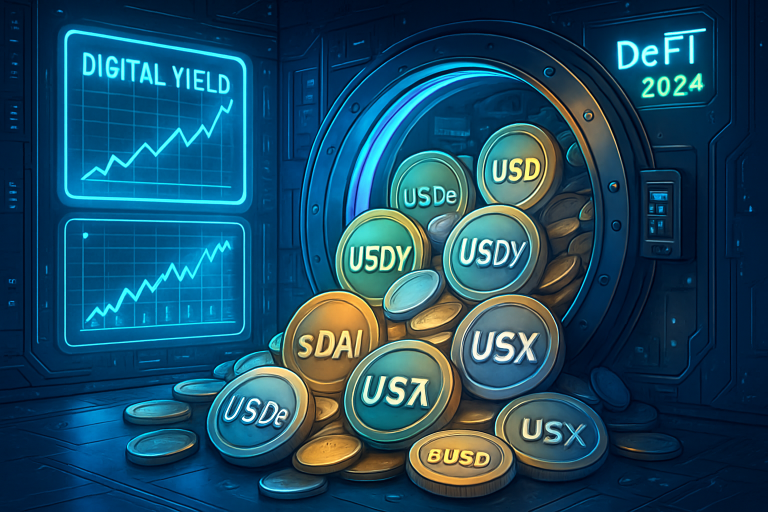 Futuristic digital vault overflowing with top yield-bearing stablecoins sDAI, USDe, USDY, OUSD, eUSD, and USX, surrounded by dynamic yield charts, representing high APY opportunities in DeFi for 2024.